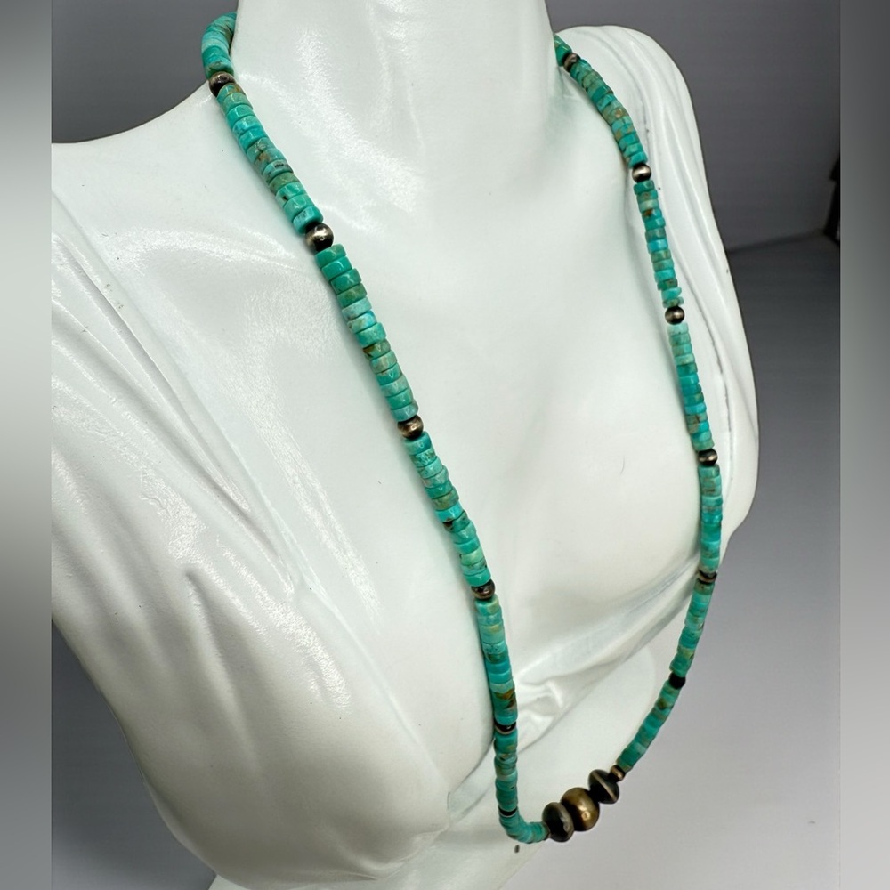 Vintage Navajo Sterling Silver Turquoise Heishi Necklace Navajo Bead Accents 18”